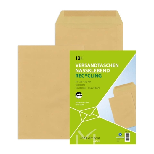 Versandtaschen Recycling - B4, ohne Fenster, gummiert, 110 g/qm, braun, 10 Stück
