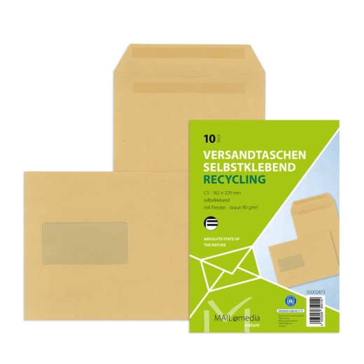 Versandtaschen Recycling - C5, mit Fenster, selbstklebend, 90 g/qm, braun, 10 Stück