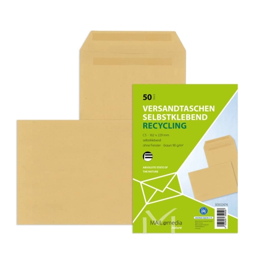 Versandtaschen Recycling - C5, ohne Fenster, selbstklebend, 90 g/qm, braun, 50 Stück