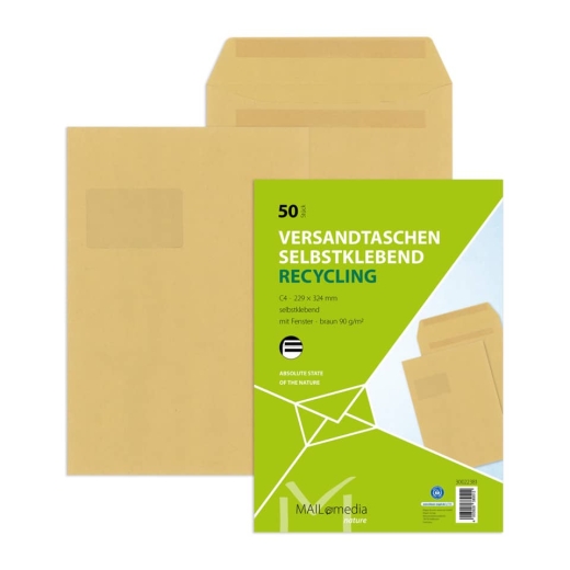 Versandtaschen Recycling - C4 , mit Fenster, selbstklebend, 90 g/qm, braun, 50 Stück