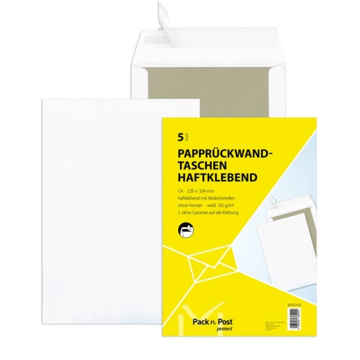 Papprückwandtaschen C4, ohne Fenster, 120 g/qm, weiß, 5 Stück