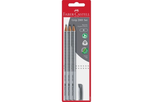 FABER-CASTELL Bleistift Grip 2001 B 3x + Radierer BK
