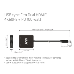 Club3D MST-Hub USB 3.2 Typ C > 2x HDMI 4K60Hz +100W PD...