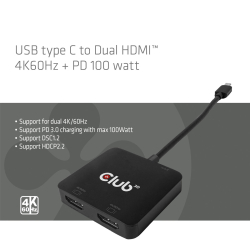 Club3D MST-Hub USB 3.2 Typ C > 2x HDMI 4K60Hz +100W PD St/Bu retail