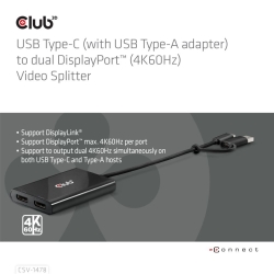 Club3D Adapter USB-C (USB A Adapter) > 2x DP 4K@60Hz St/Bu retail