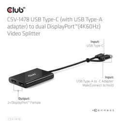 Club3D Adapter USB-C (USB A Adapter) > 2x DP 4K@60Hz St/Bu retail